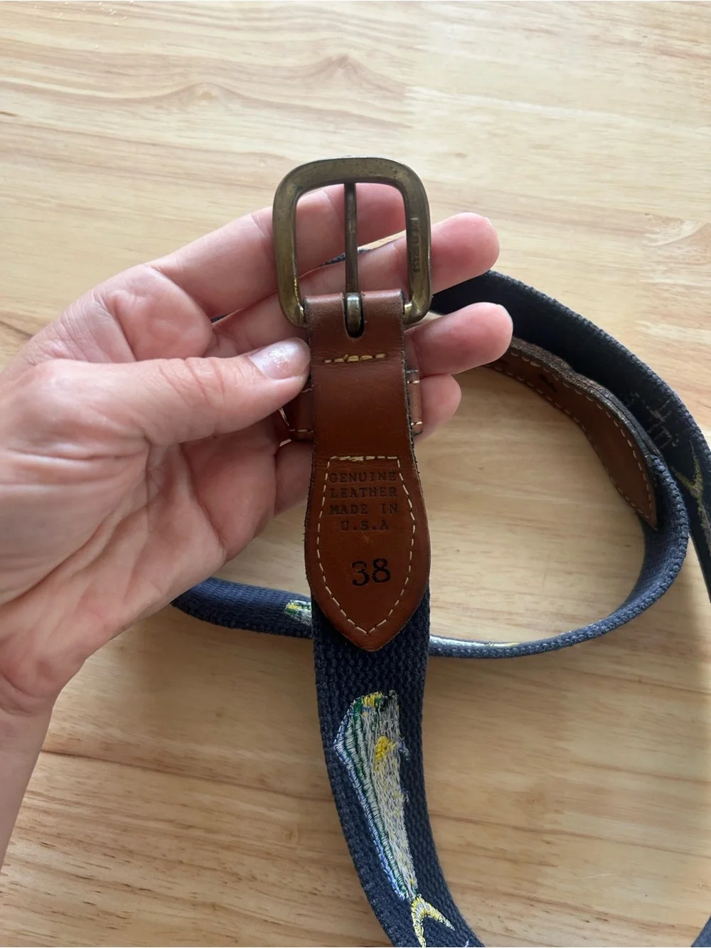 Guy Harvey Navy Web Belt with Mahi, Dolphin Fish Embroidery and Brown Leather